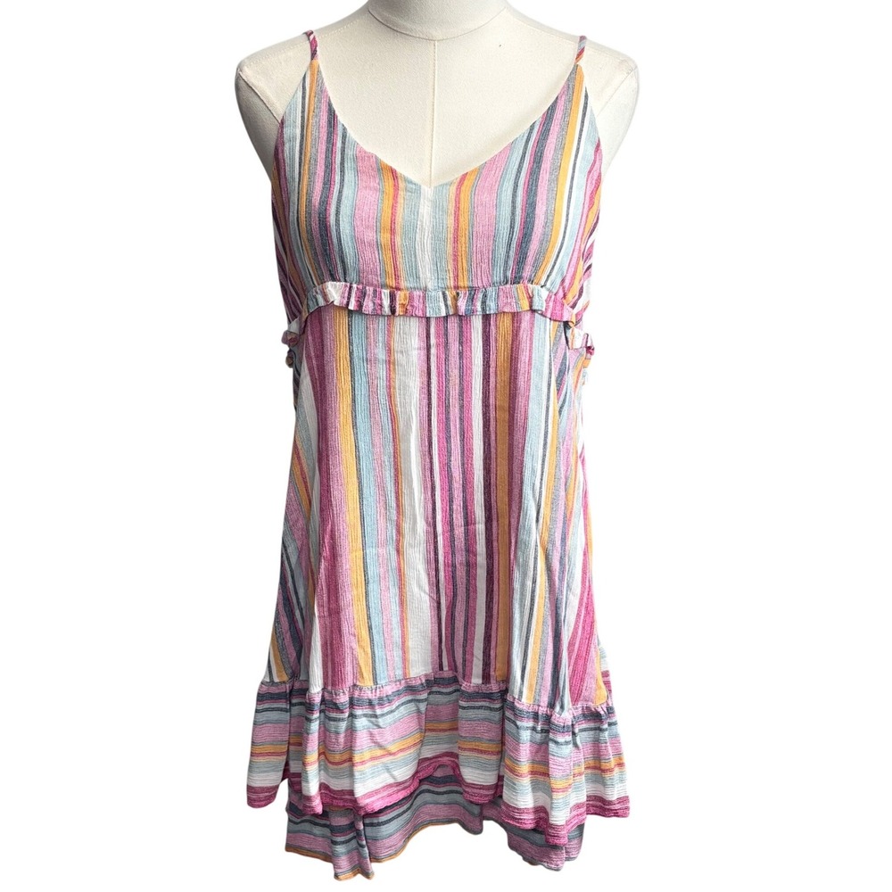 Umgee Mini Dress Multicolor Striped Ruffle Boho Coastal Beach Preppy Size M‎